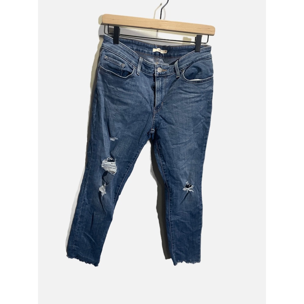 Levi's 711 Skinny Jeans Womens 29 Blue Distressed Ripped Raw Hem Casual Edgy